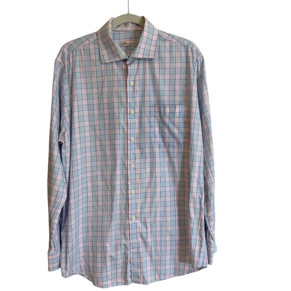 Peter Millar Mens Large Pink Blue Plaid Cotton Long Sleeve Button Down Shirt